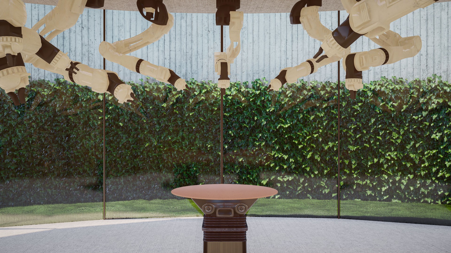 3d renders of ceiling mounted robotic arms and workbench in automation facility