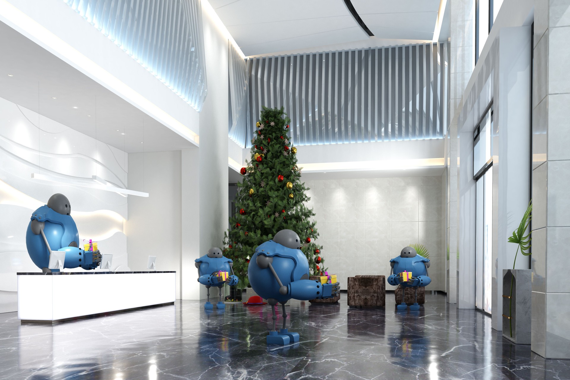 Robots Holding Christmas Gift Boxes For Visitors At Hotel Reception Or Office Lobby