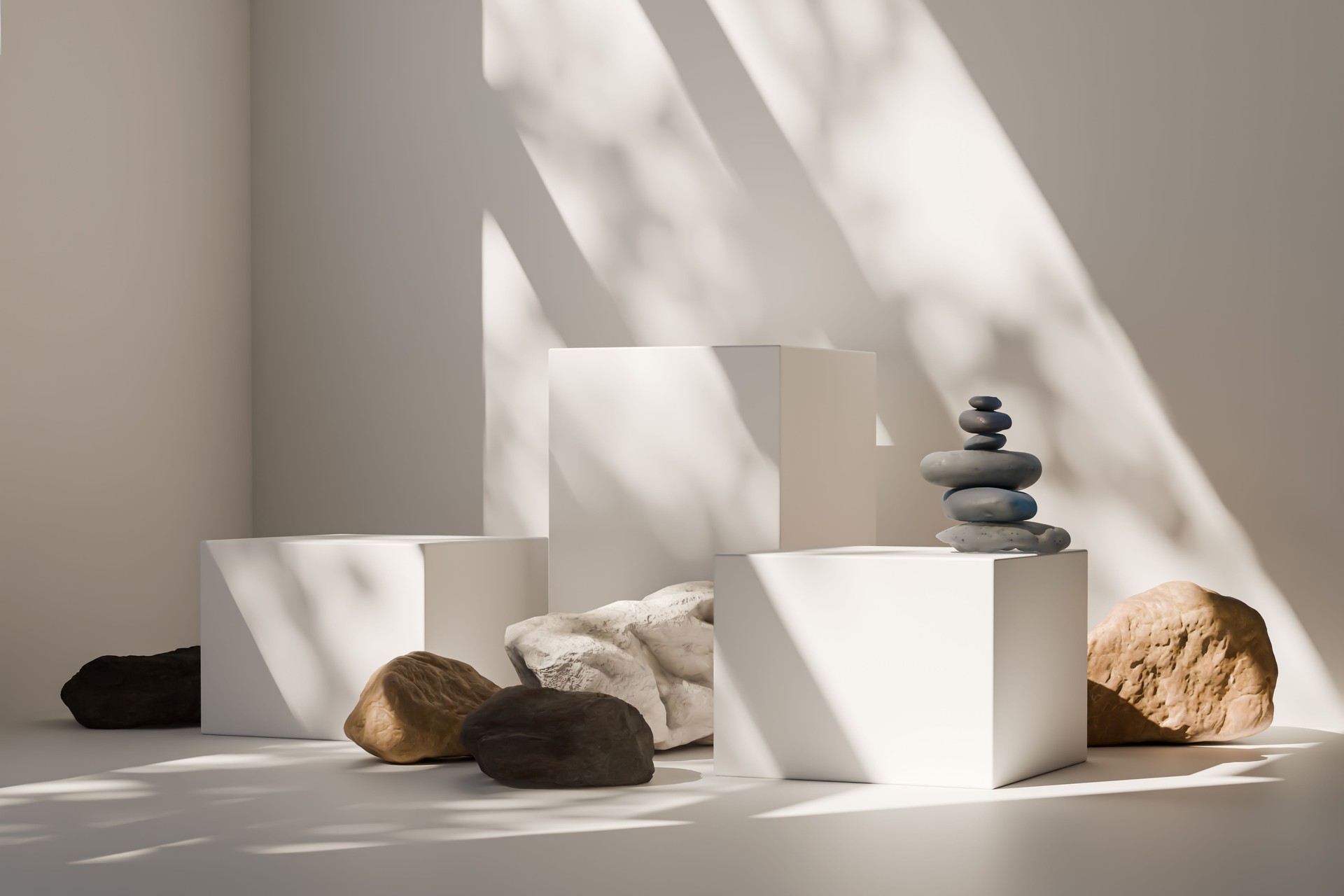 Minimalist Display with Stones and White Cubes