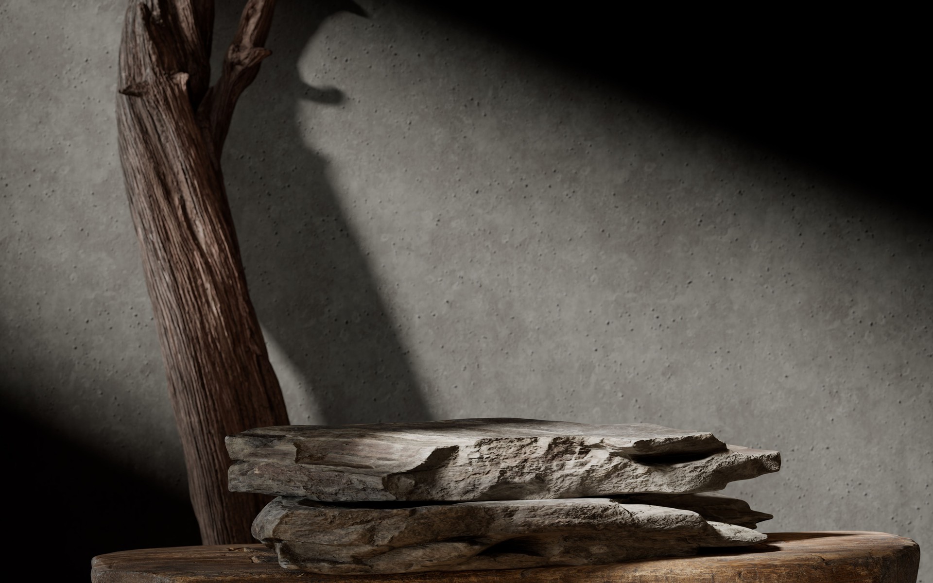 Empty stage product mockup podium presentation background, rock and wood, shadow