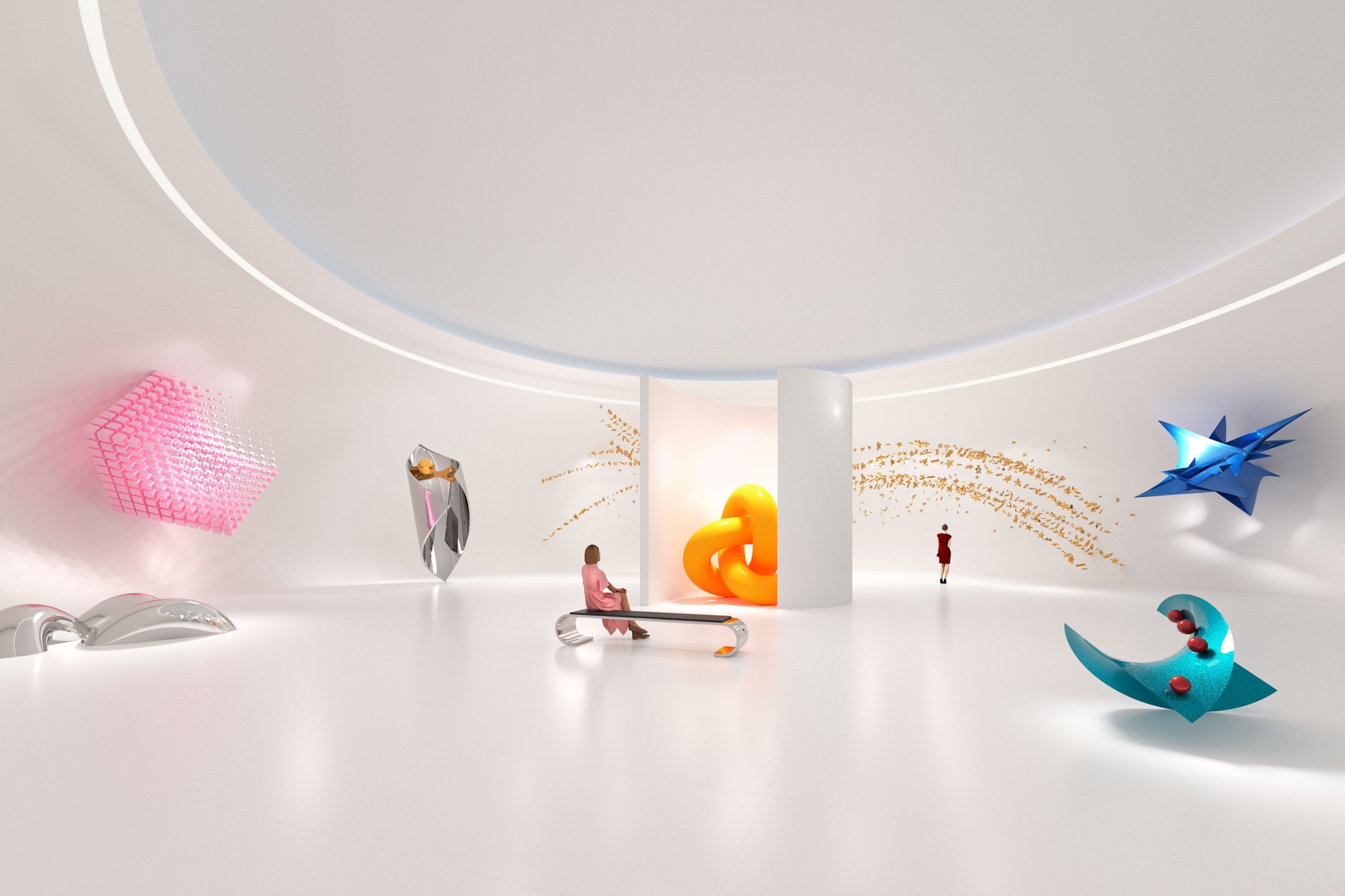 Abstract futuristic objects in a modern art center